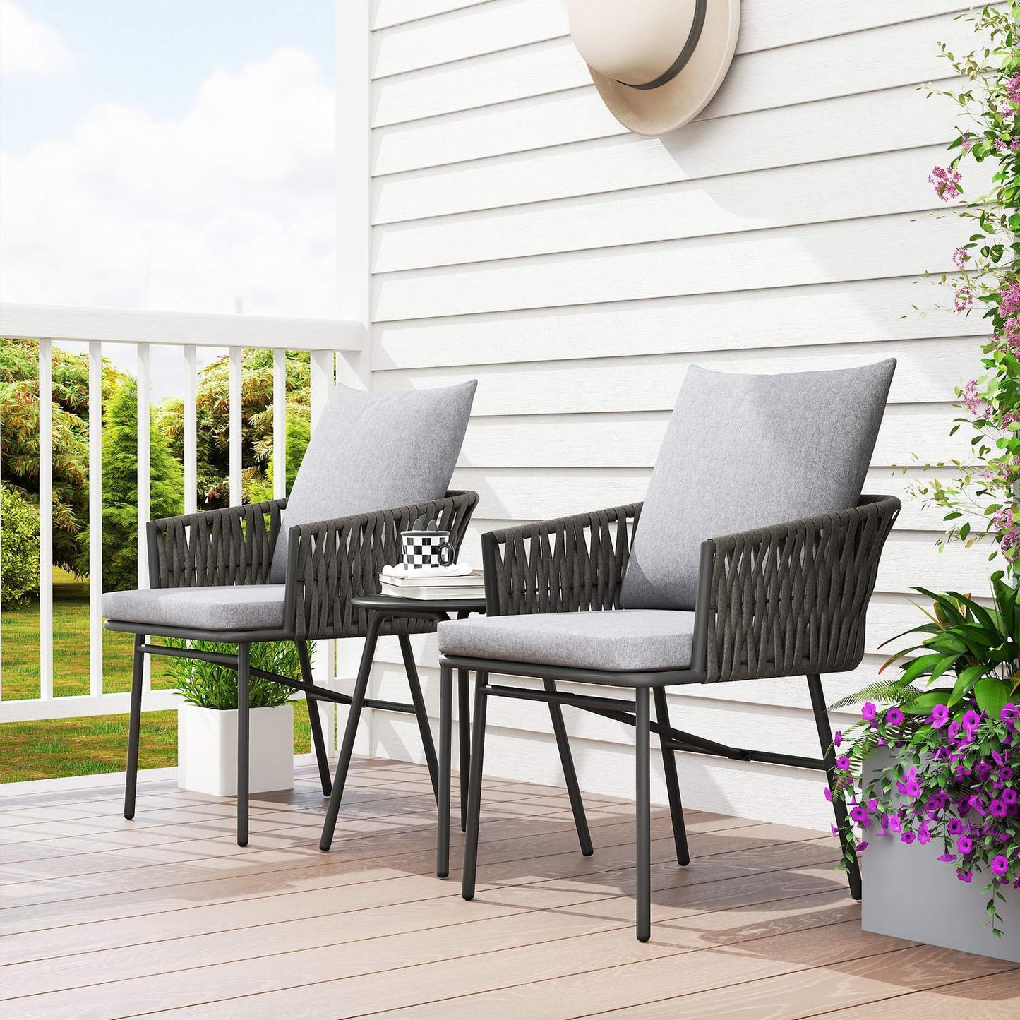 3-piece outdoor furniture set, 2 chairs, 1 table, bistro set, artificial rattan, steel frame, metal table, 4 cushions, grey