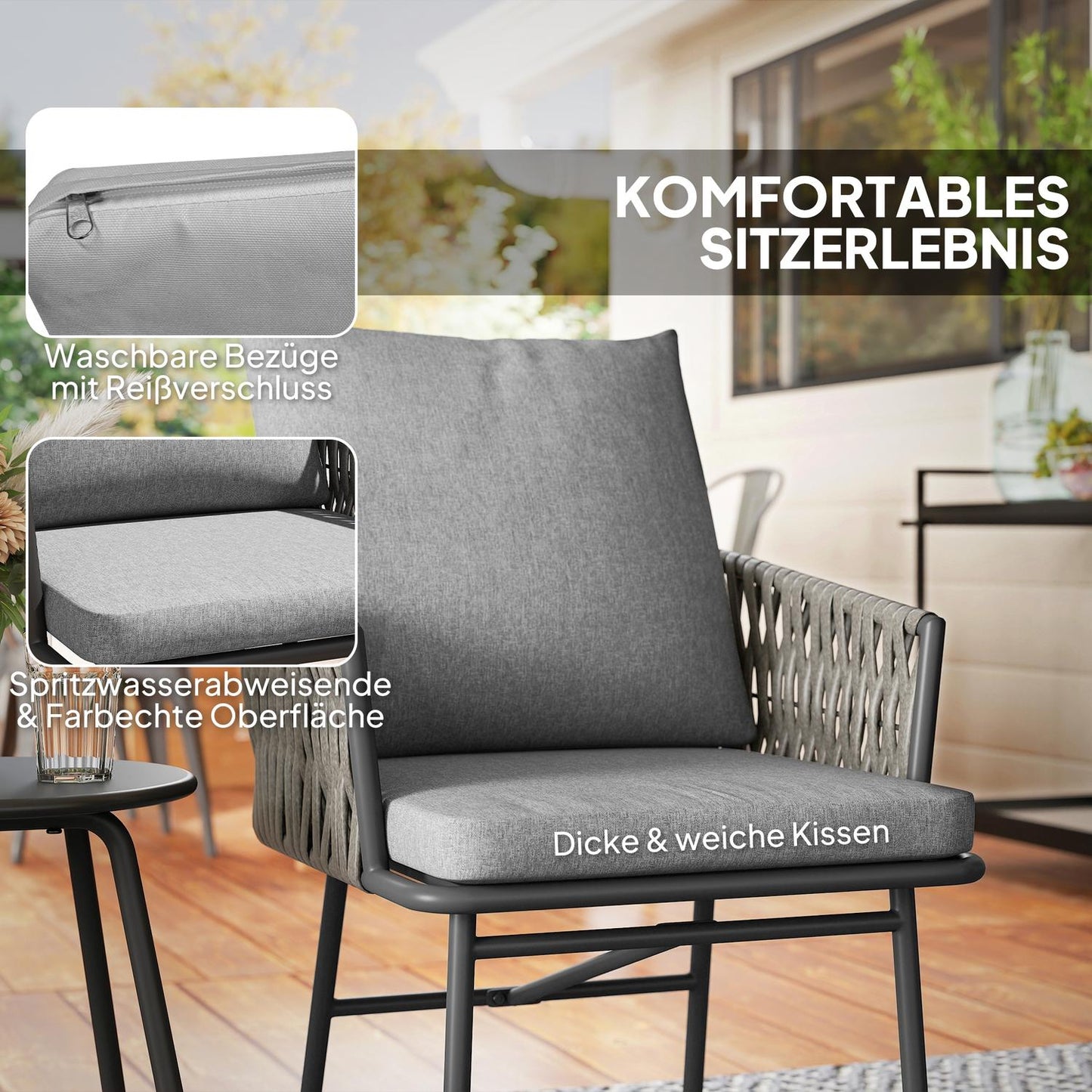 3-piece outdoor furniture set, 2 chairs, 1 table, bistro set, artificial rattan, steel frame, metal table, 4 cushions, grey