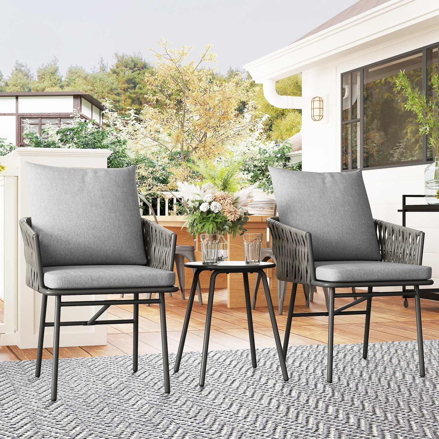 3-piece outdoor furniture set, 2 chairs, 1 table, bistro set, artificial rattan, steel frame, metal table, 4 cushions, grey