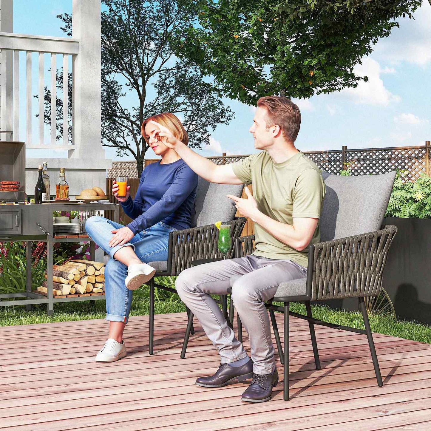 3-piece outdoor furniture set, 2 chairs, 1 table, bistro set, artificial rattan, steel frame, metal table, 4 cushions, grey