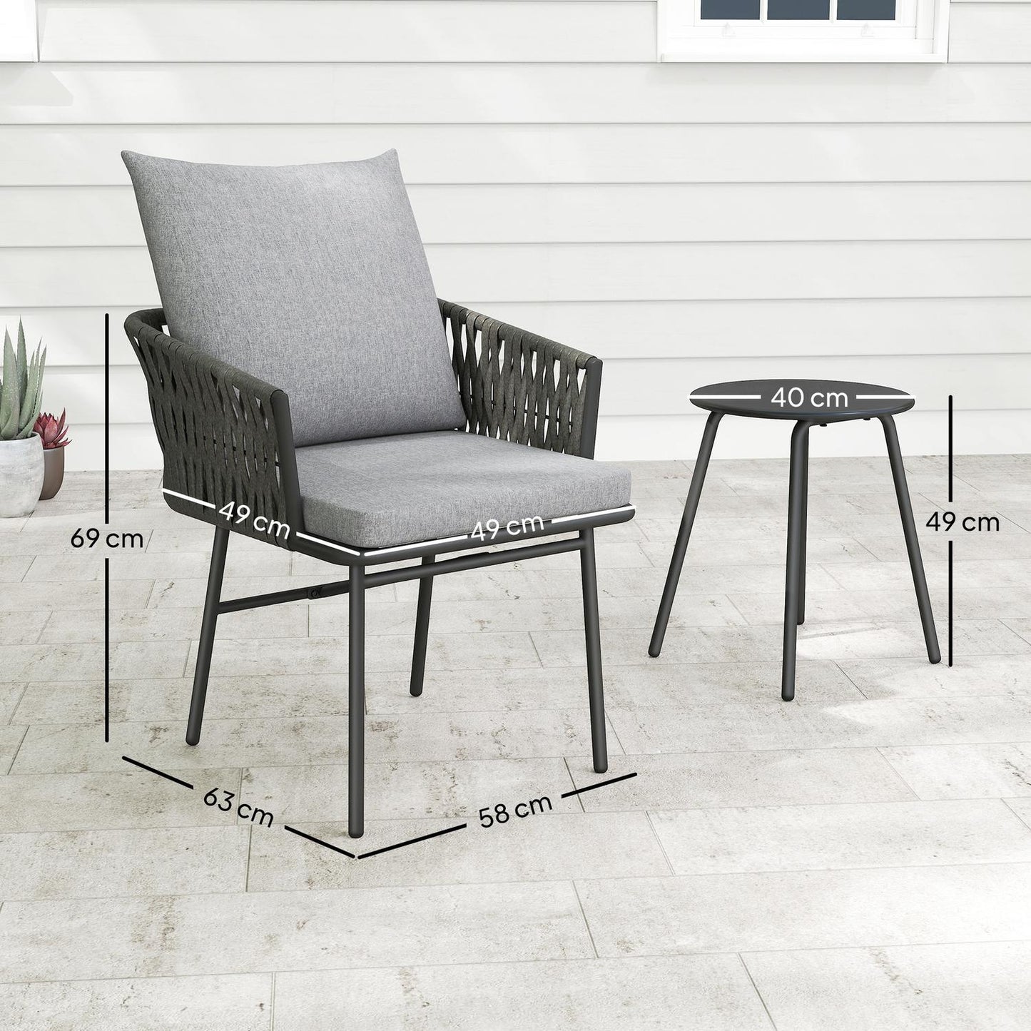 3-piece outdoor furniture set, 2 chairs, 1 table, bistro set, artificial rattan, steel frame, metal table, 4 cushions, grey