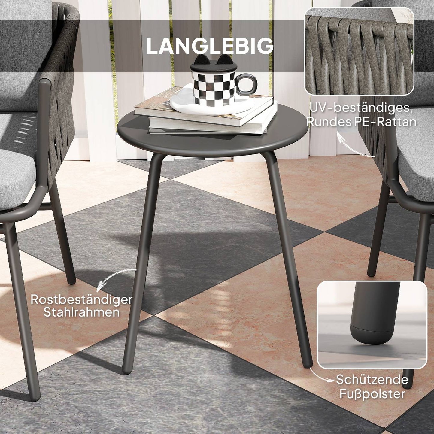 3-piece outdoor furniture set, 2 chairs, 1 table, bistro set, artificial rattan, steel frame, metal table, 4 cushions, grey
