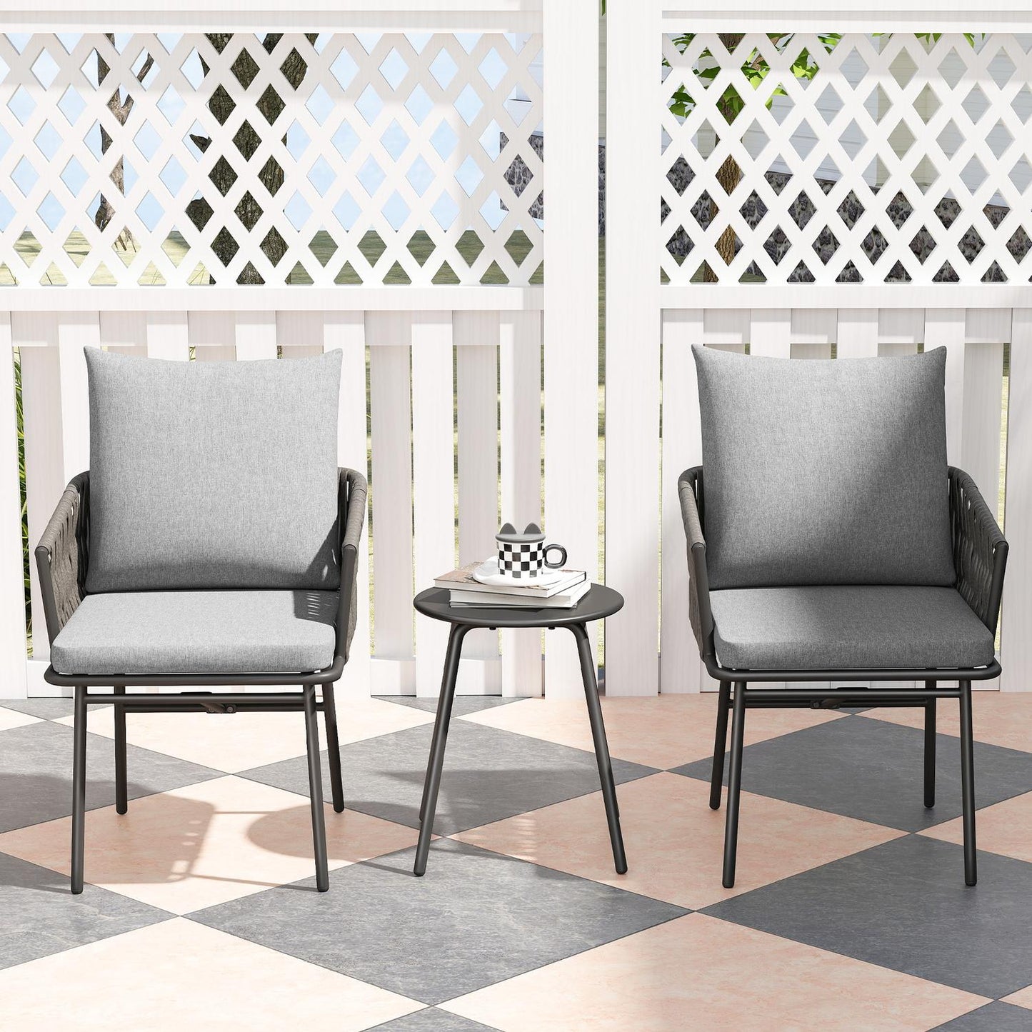 3-piece outdoor furniture set, 2 chairs, 1 table, bistro set, artificial rattan, steel frame, metal table, 4 cushions, grey