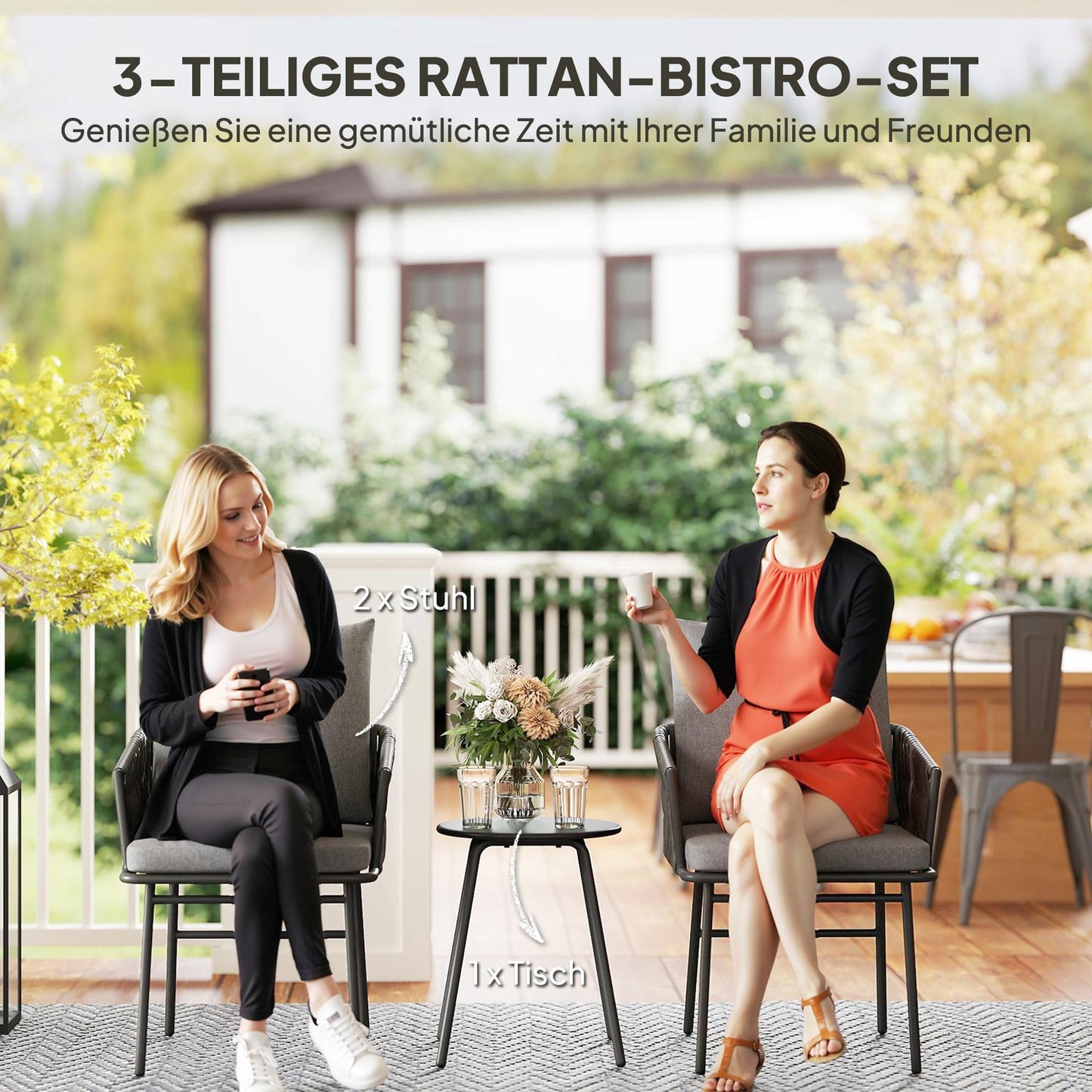 3-piece outdoor furniture set, 2 chairs, 1 table, bistro set, artificial rattan, steel frame, metal table, 4 cushions, grey