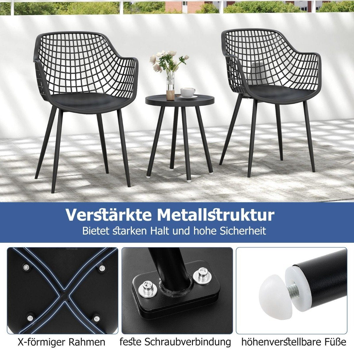 3-piece patio furniture set bistro chairs and side table with seats + table top made of PP black