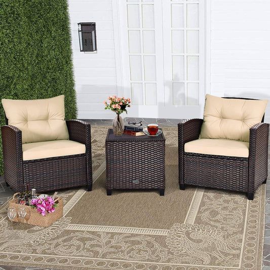 3-piece patio set outdoor rattan set garden furniture rattan with seat cushion & coffee table yellow + brown