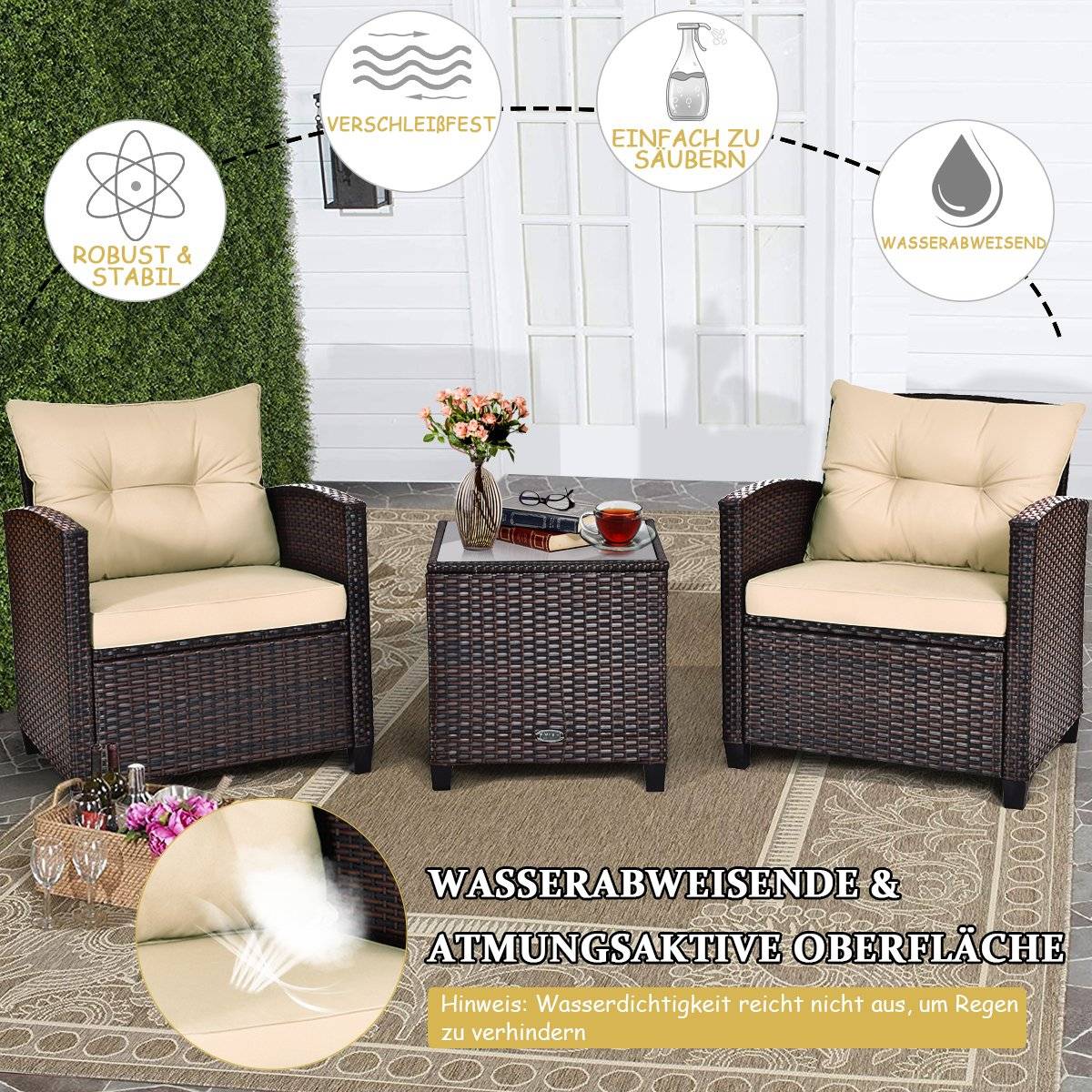 3-piece patio set outdoor rattan set garden furniture rattan with seat cushion & coffee table yellow + brown