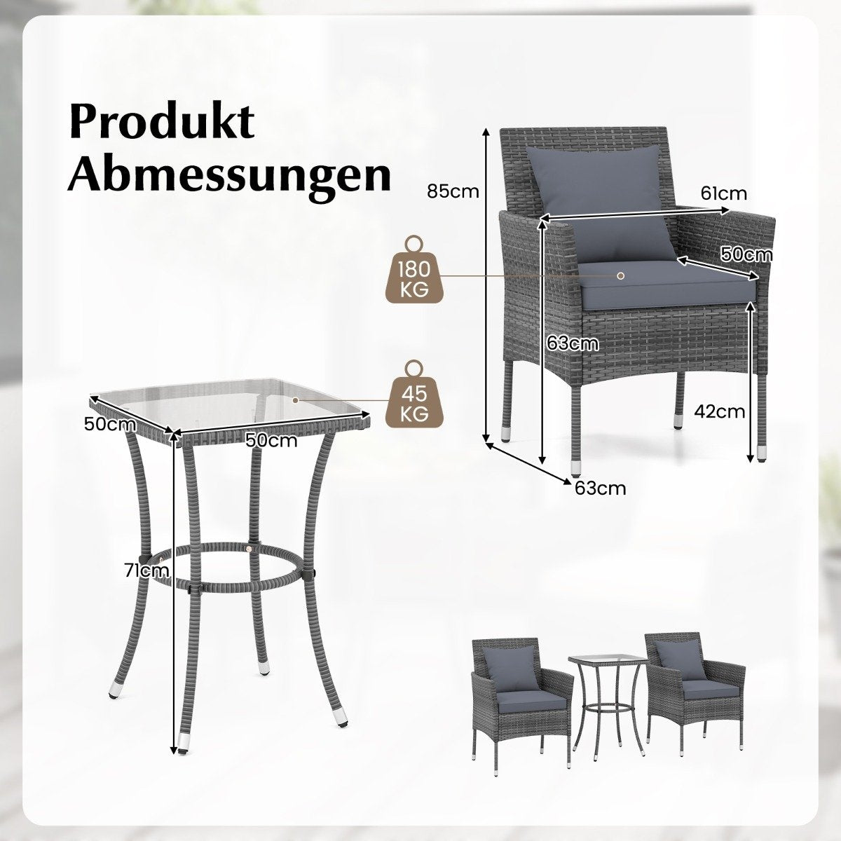3-piece polyrattan garden furniture set with glass table and cushions. Rattan furniture seating group. Rattan garden set, grey.
