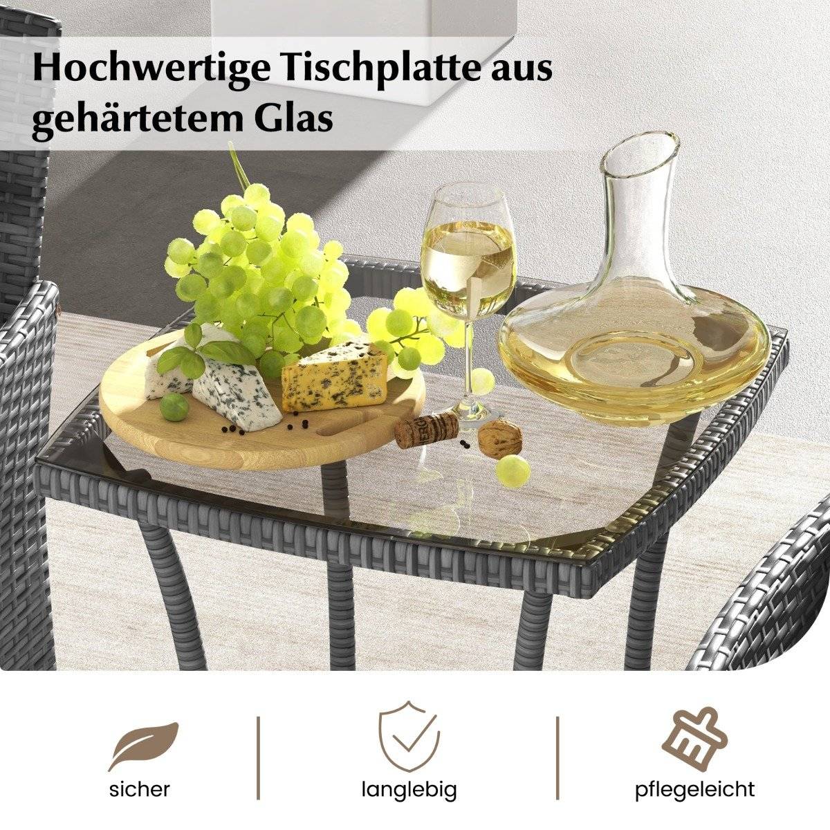 3-piece polyrattan garden furniture set with glass table and cushions. Rattan furniture seating group. Rattan garden set, grey.