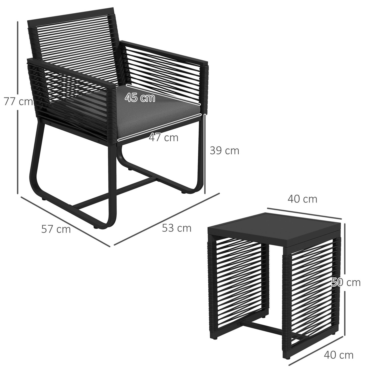 Rattan garden furniture with cushions - 3 pieces, black