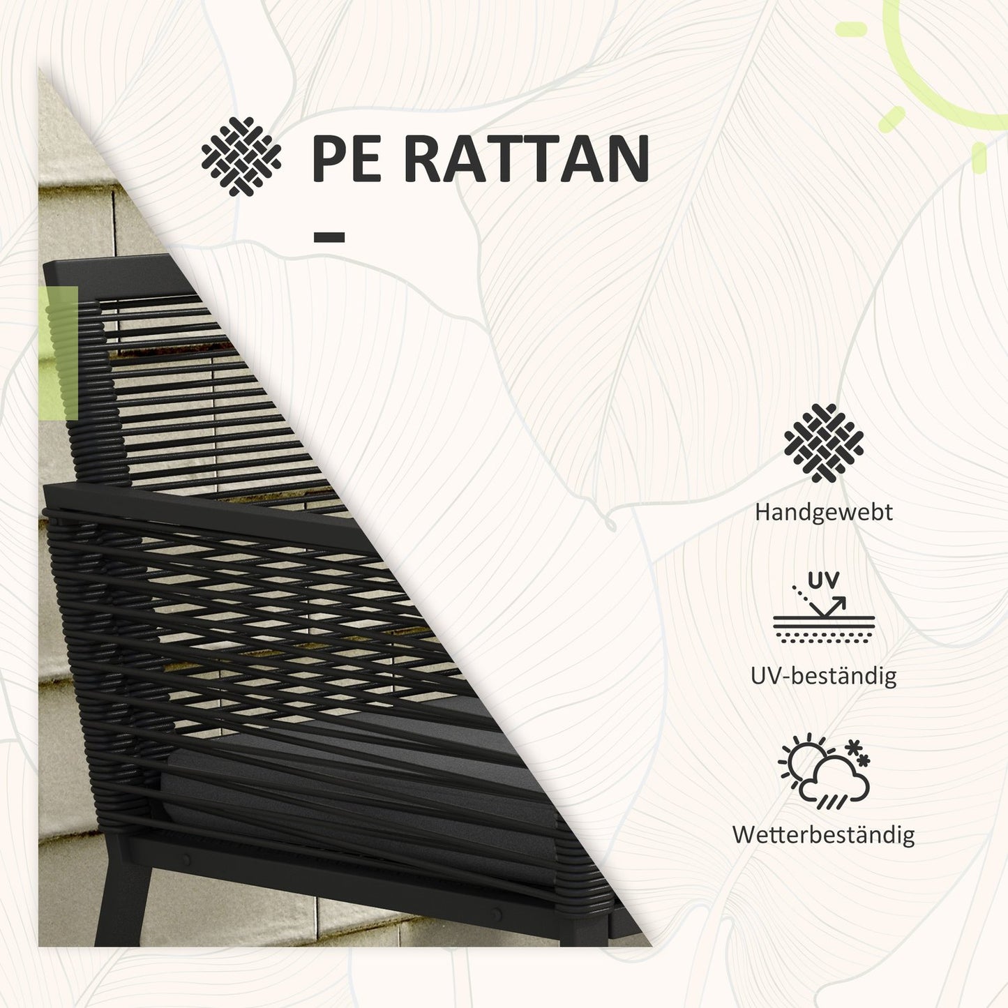 Rattan garden furniture with cushions - 3 pieces, black