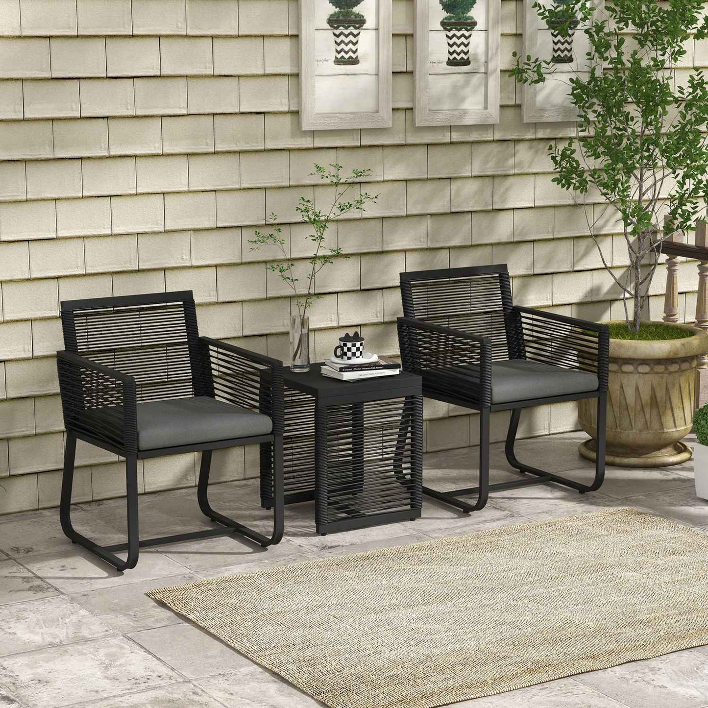 Rattan garden furniture with cushions - 3 pieces, black