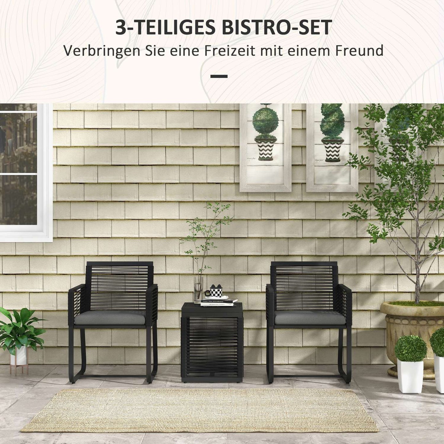 Rattan garden furniture with cushions - 3 pieces, black