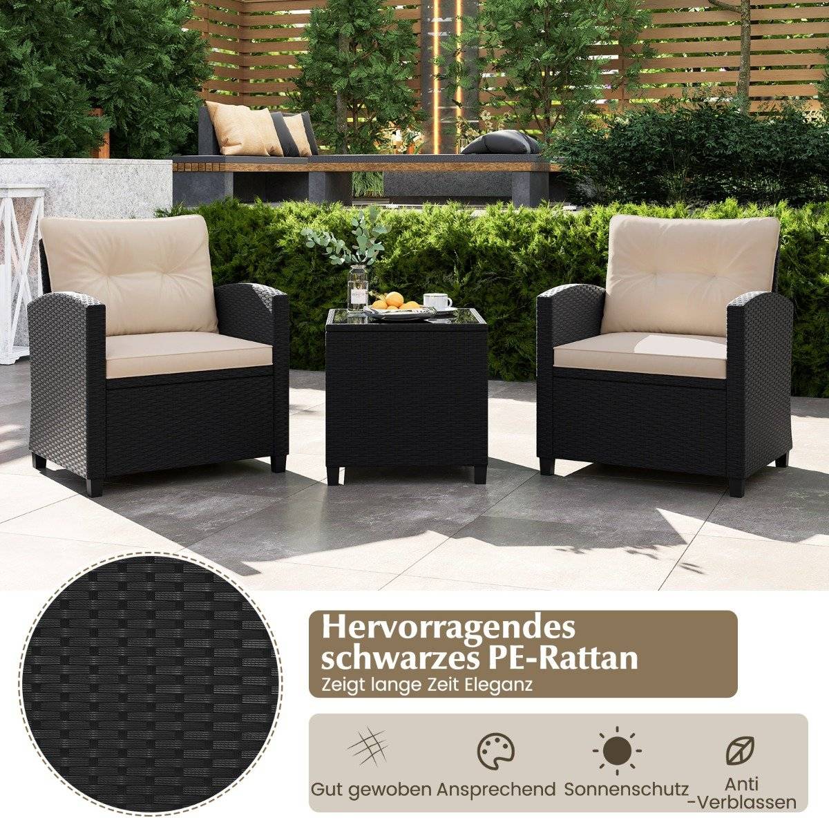 3-piece rattan garden furniture set including 2 armchairs and 1 side table, seating set with cushions, beige