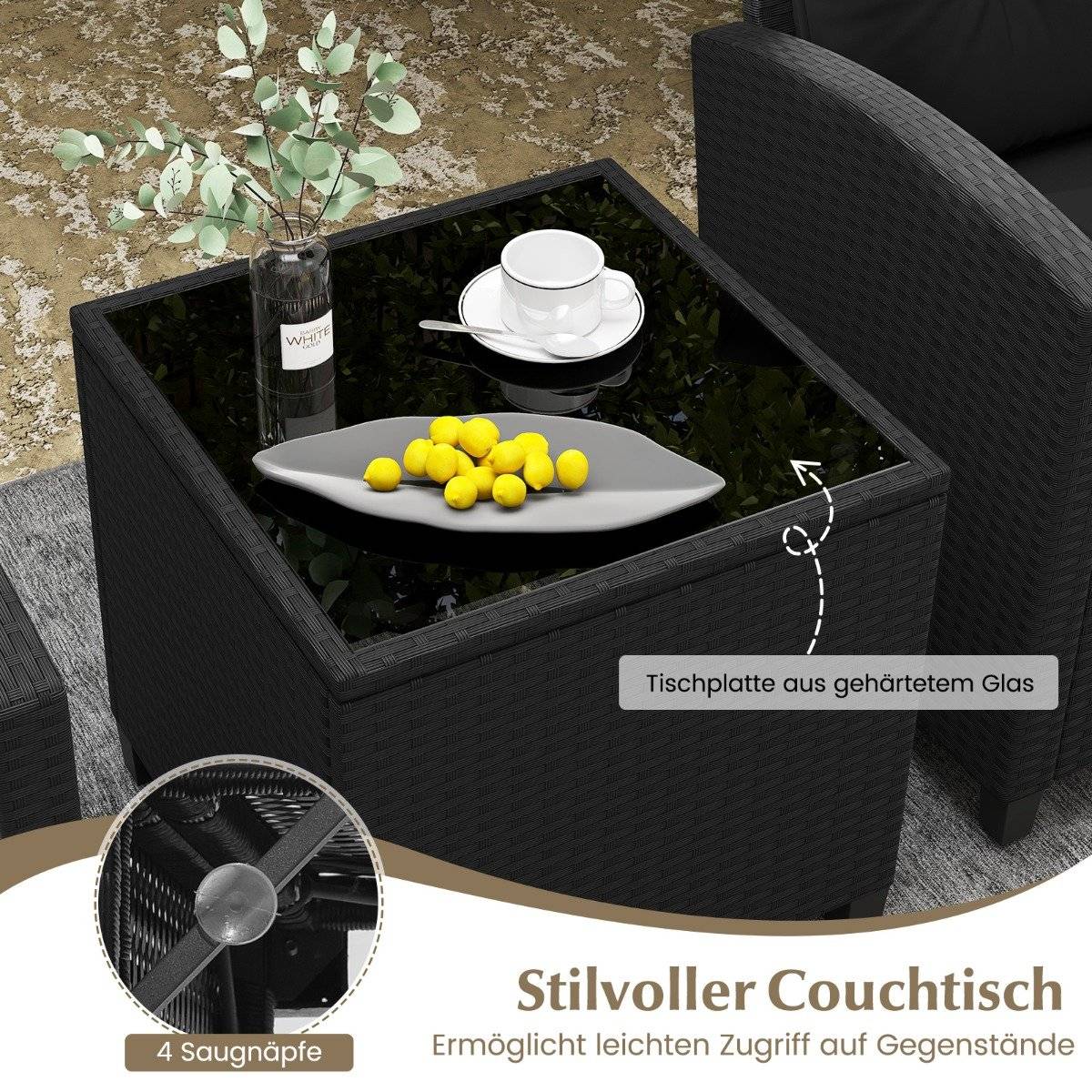 3-piece rattan garden furniture set including 2 armchairs and 1 side table, seating set with cushions, black