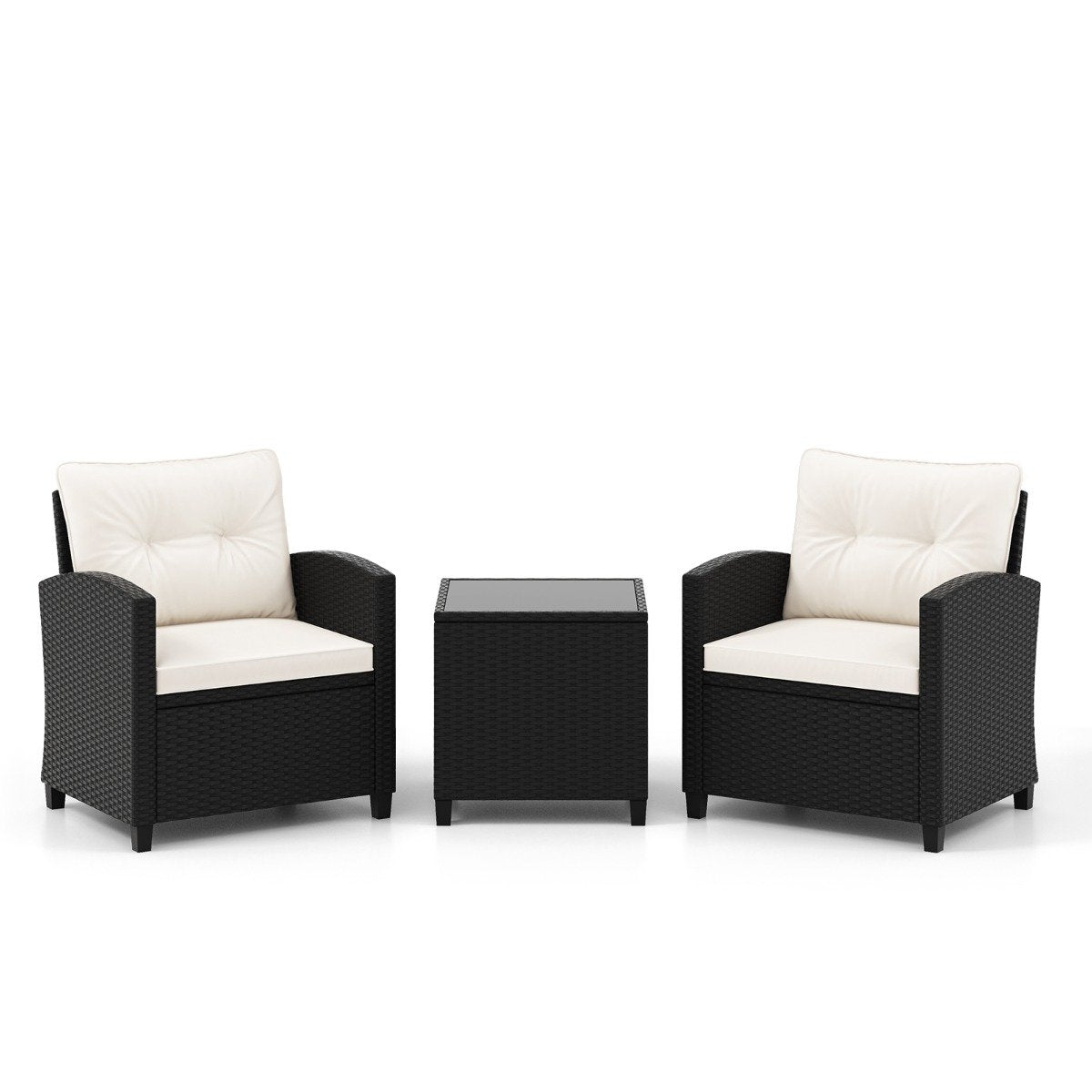 3-piece rattan garden furniture set including 2 armchairs and 1 side table, seating set with cushions, white
