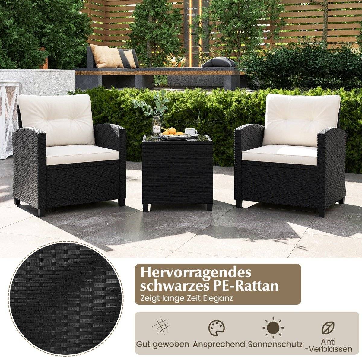 3-piece rattan garden furniture set including 2 armchairs and 1 side table, seating set with cushions, white