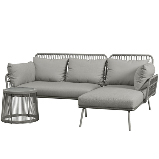 Rattan garden furniture with cushions - 3 pieces, light grey