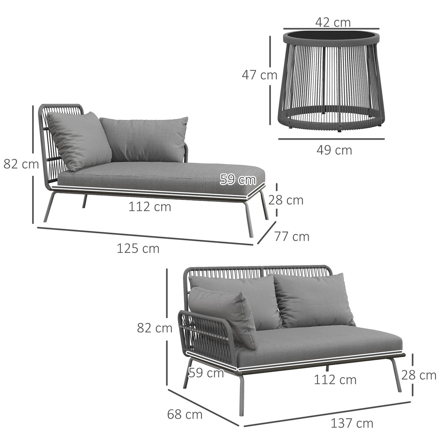 Rattan garden furniture with cushions - 3 pieces, light grey
