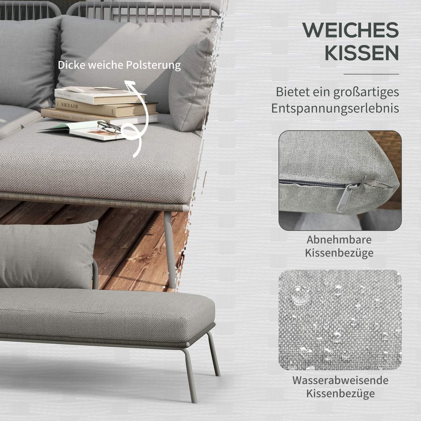Rattan garden furniture with cushions - 3 pieces, light grey