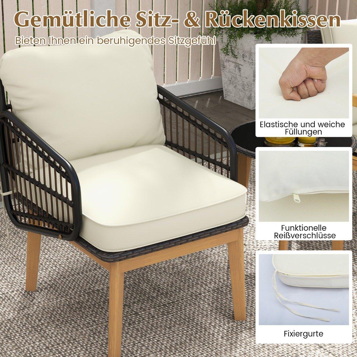 3-piece rattan patio furniture set garden seating set 2 wicker chairs & glass side table & cushions