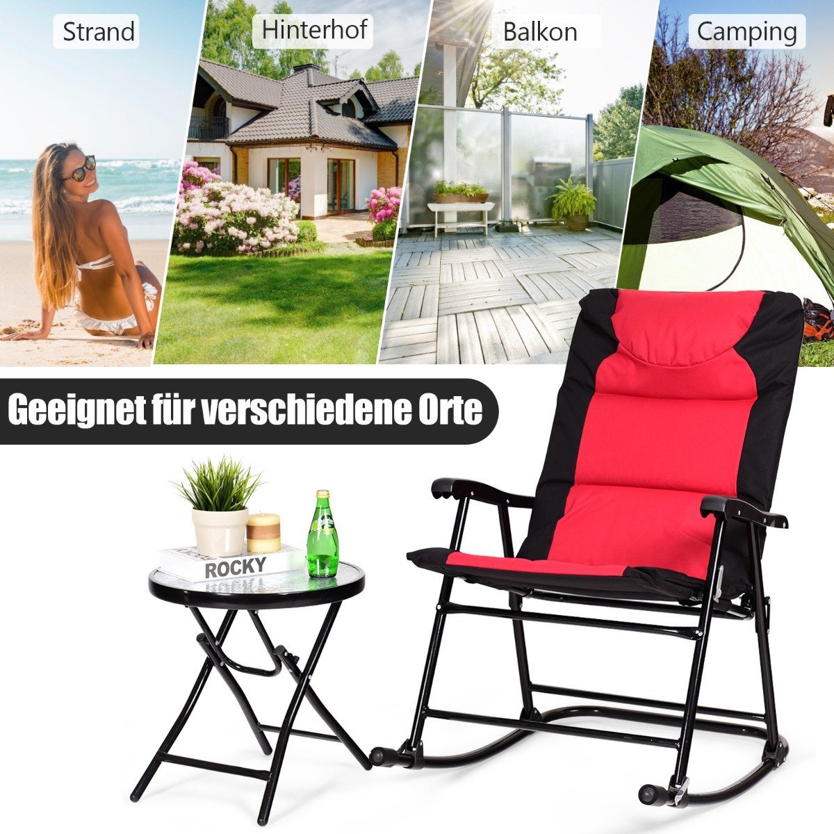 3-piece rocking lounger deck chairs with side table garden lounger red + black