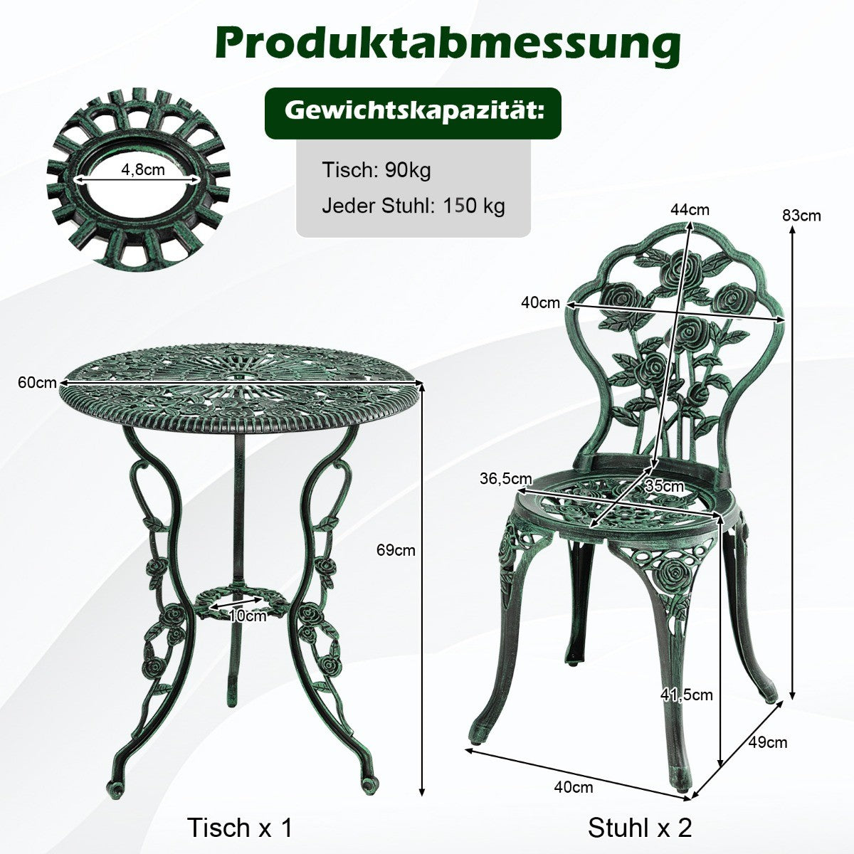 3 pieces Antique bistro set rose design seating group balcony set garden set with 2 chairs