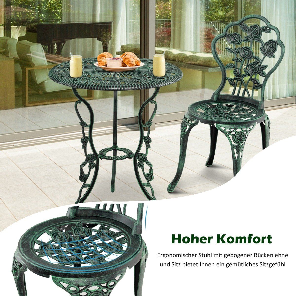 3 pieces Antique bistro set rose design seating group balcony set garden set with 2 chairs