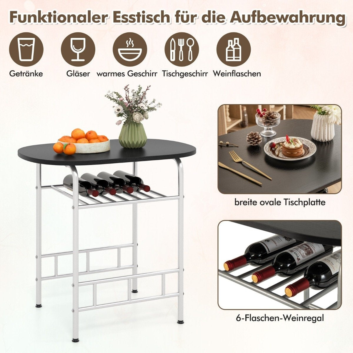 3 pieces Dining group kitchen table &amp; Chairs with wine rack Space-saving seating group Dining room group silver