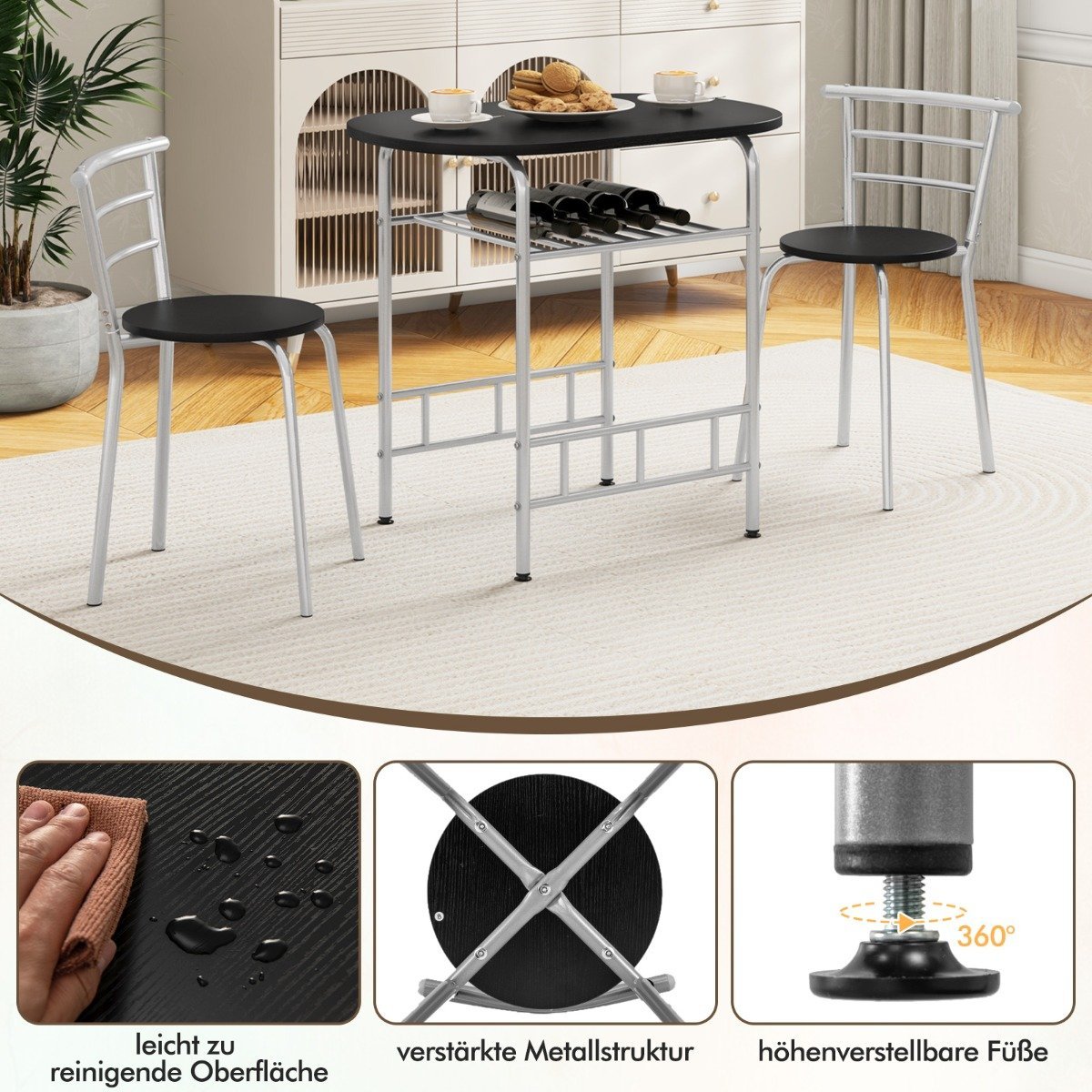 3 pieces Dining group kitchen table &amp; Chairs with wine rack Space-saving seating group Dining room group silver