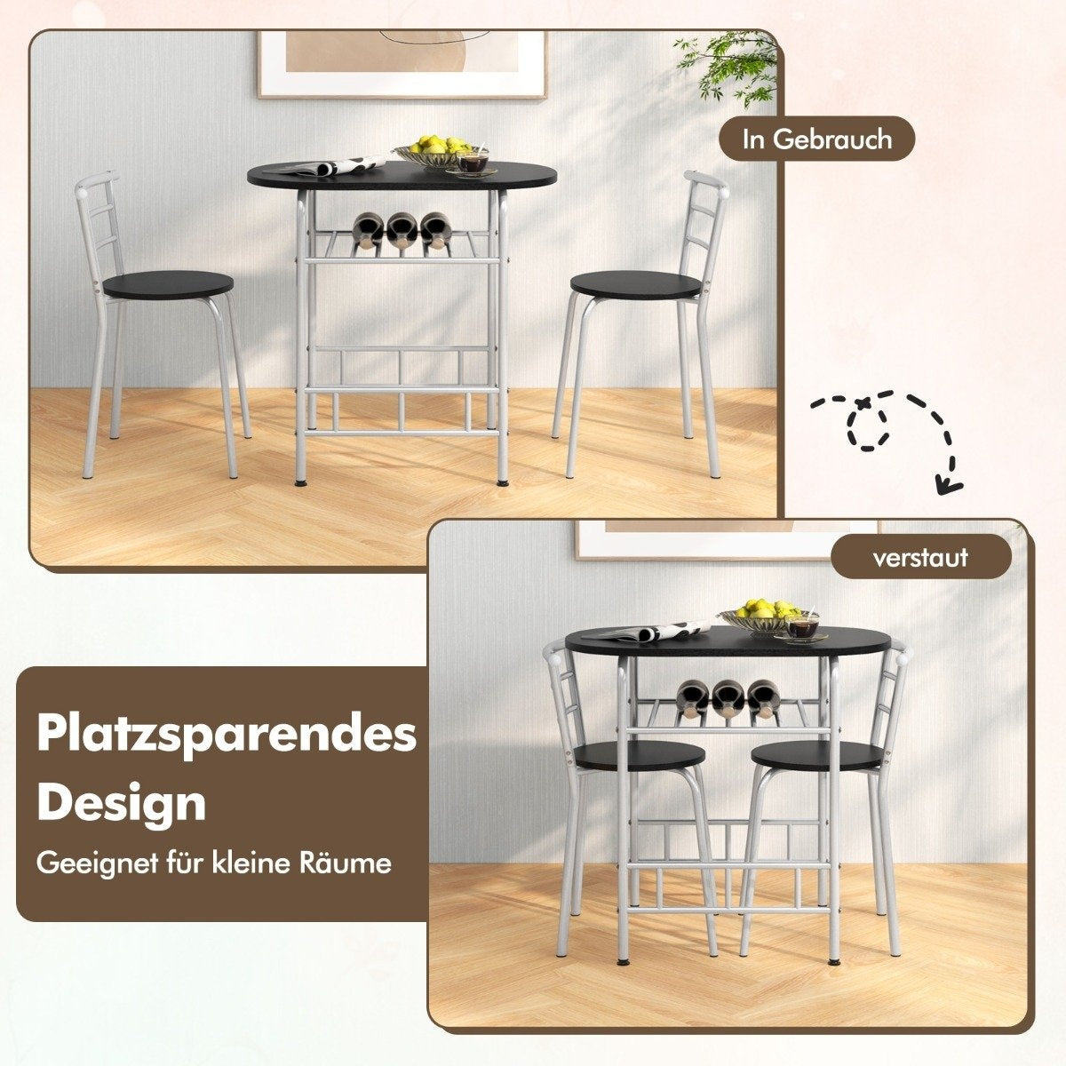 3 pieces Dining group kitchen table &amp; Chairs with wine rack Space-saving seating group Dining room group silver