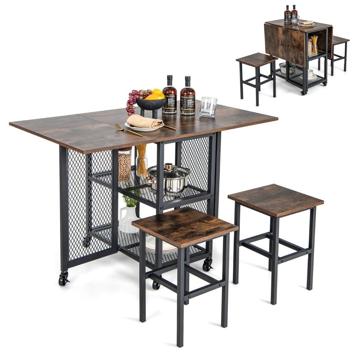 3 pieces Folding Dining Table Set Extendable Dining Table with 2 Stools & 2 Mesh Storage Shelves