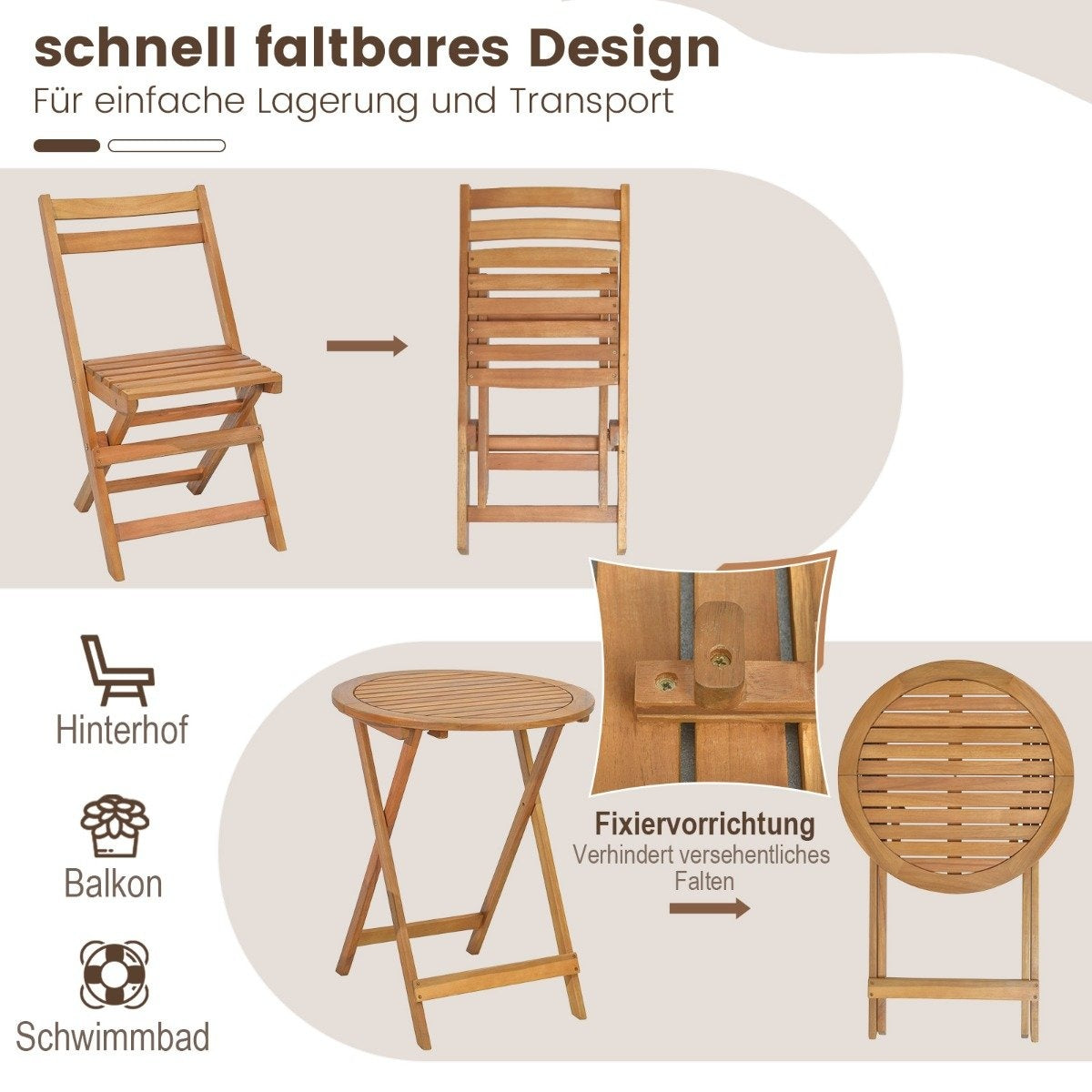 3 pieces Wooden bistro set with sturdy acacia wood frame & slatted seat & table top