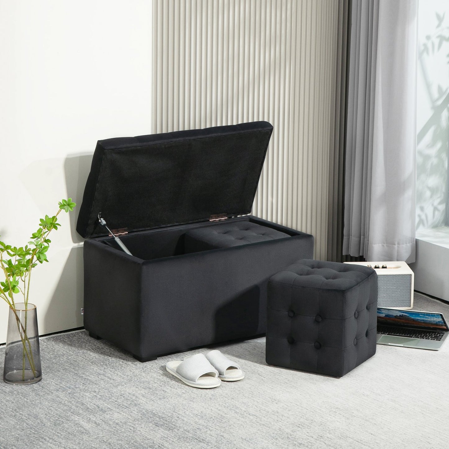 3-piece storage set: dark gray chest, stools, ottoman