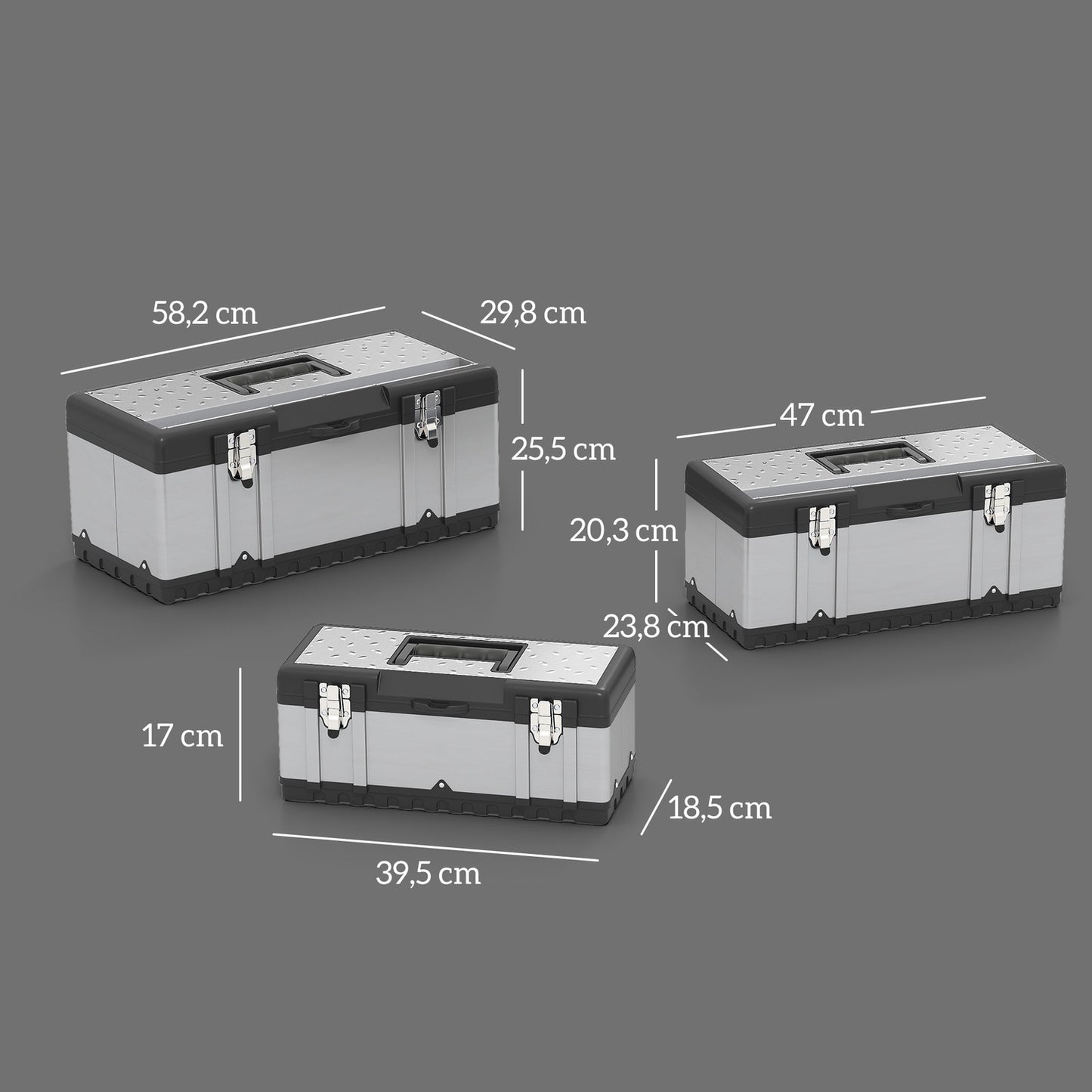 3-piece tool box set, stainless steel, plastic, silver