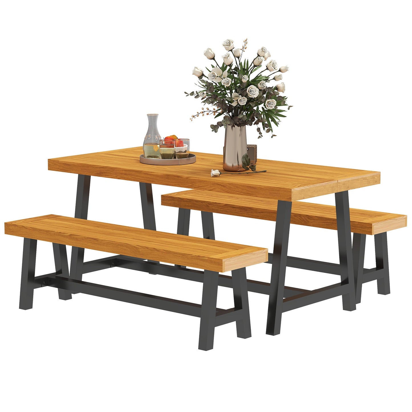 3-piece teak dining set with benches for 4