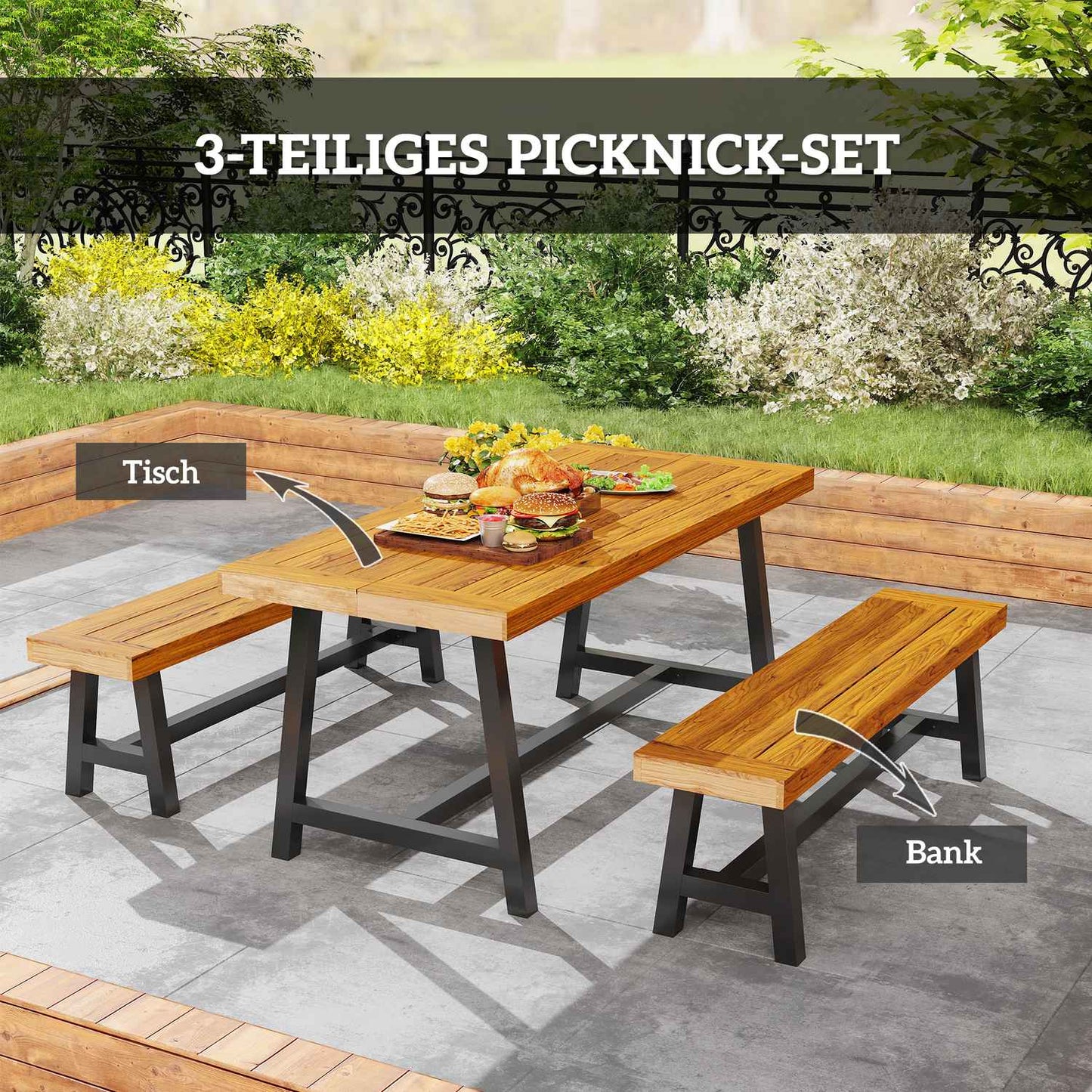 3-piece teak dining set with benches for 4