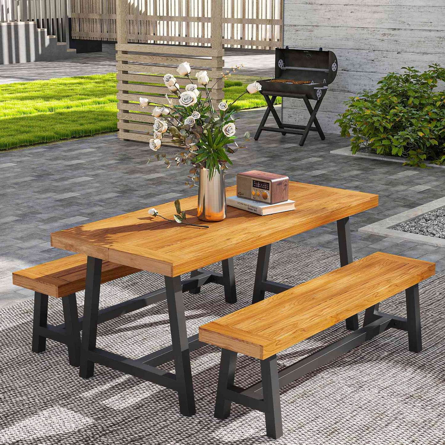 3-piece teak dining set with benches for 4