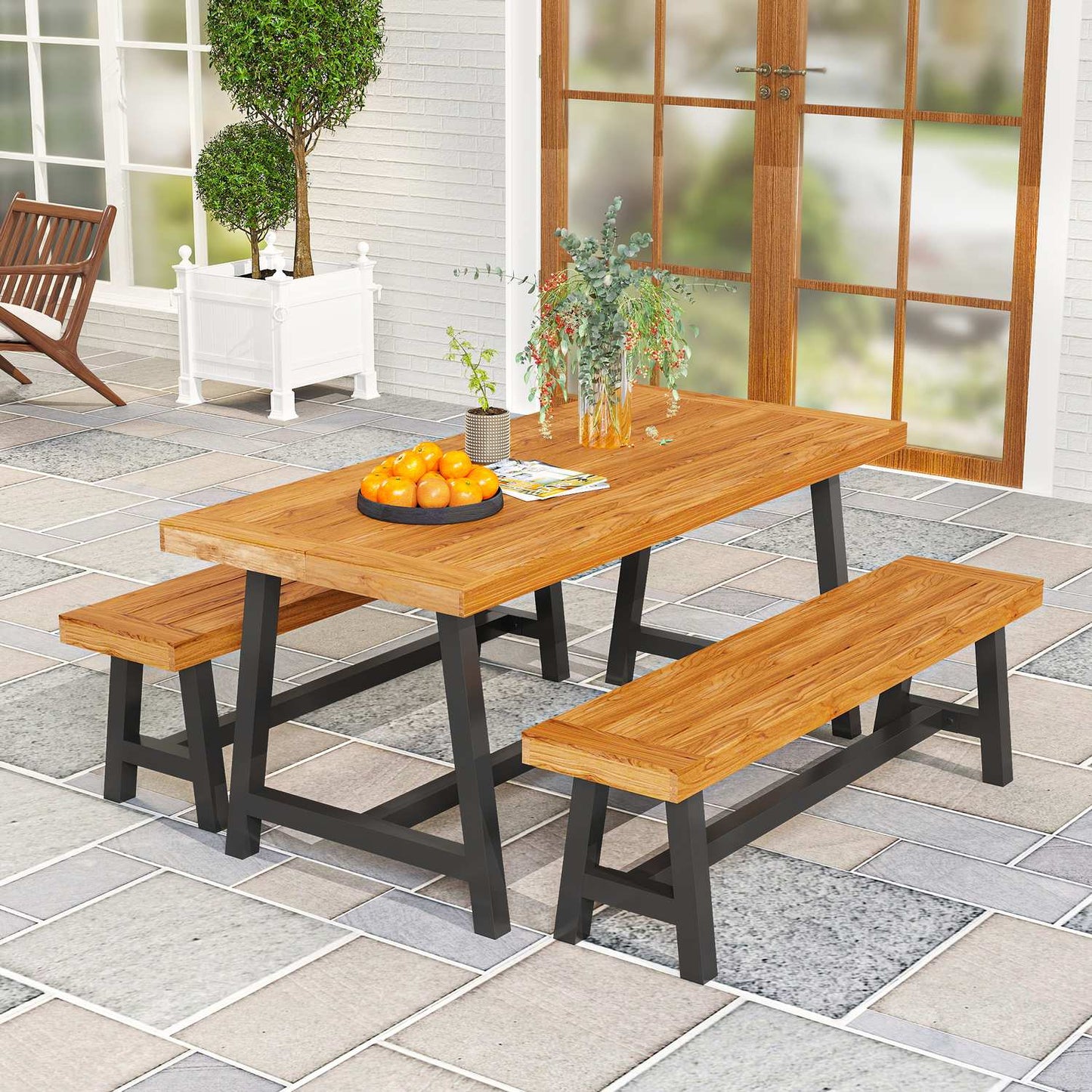 3-piece teak dining set with benches for 4