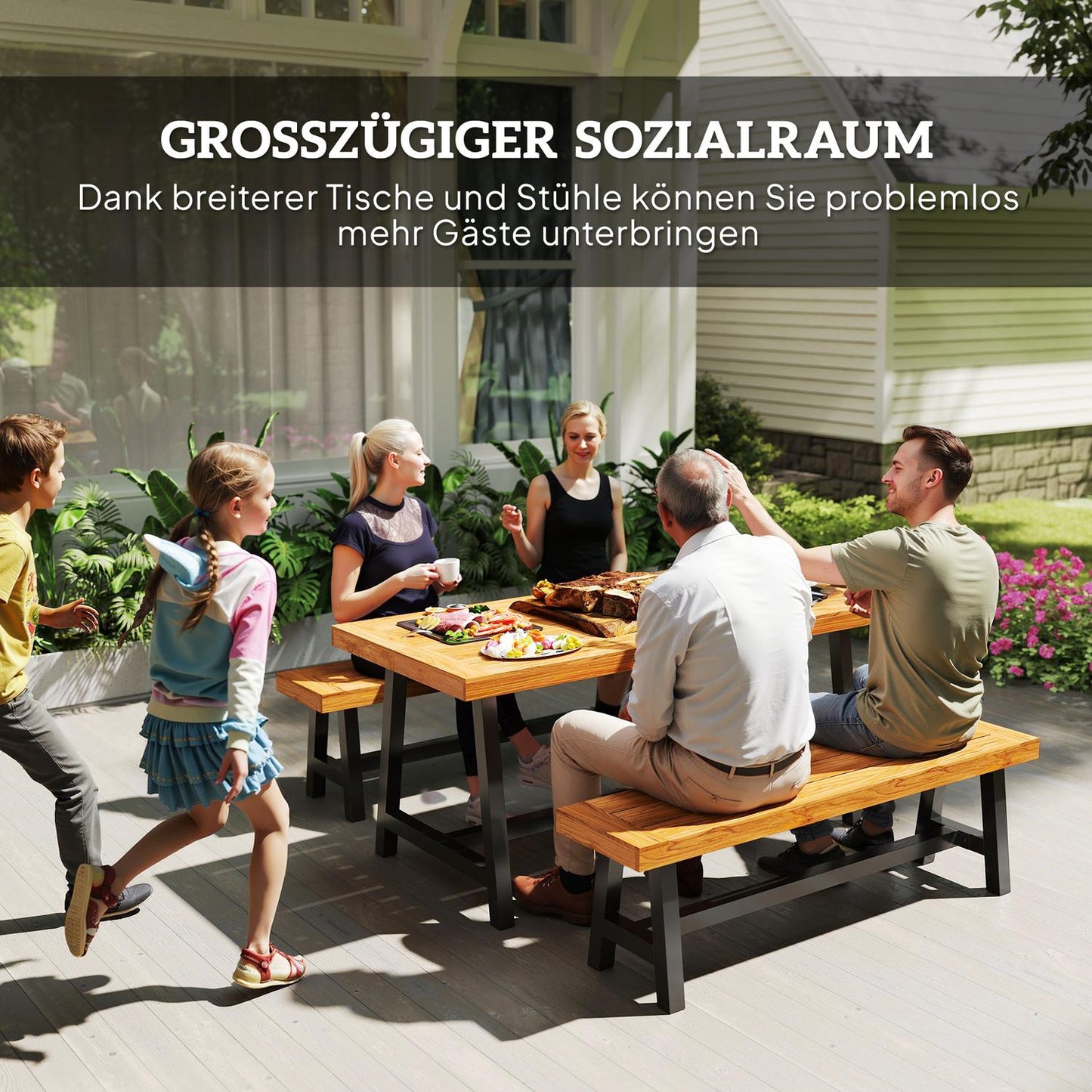 3-piece teak dining set with benches for 4
