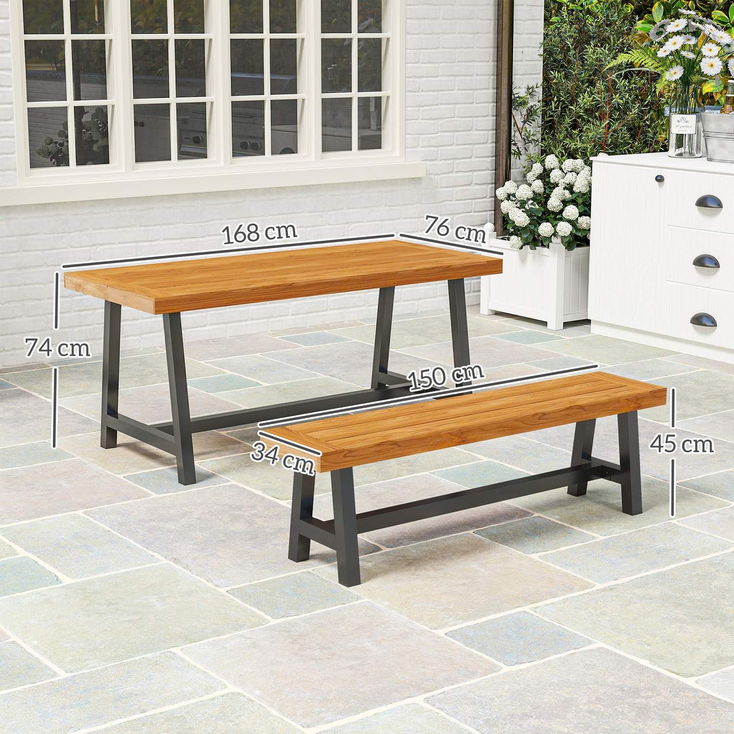 3-piece teak dining set with benches for 4