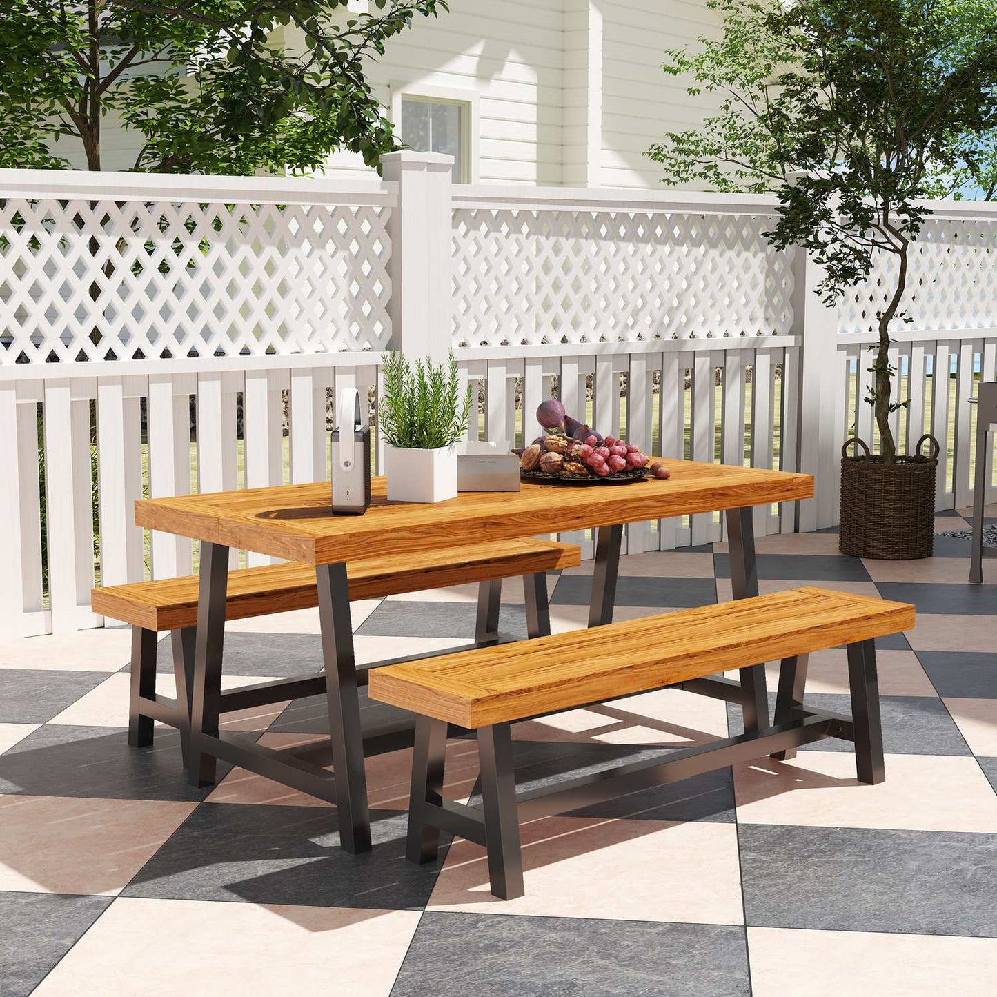 3-piece teak dining set with benches for 4