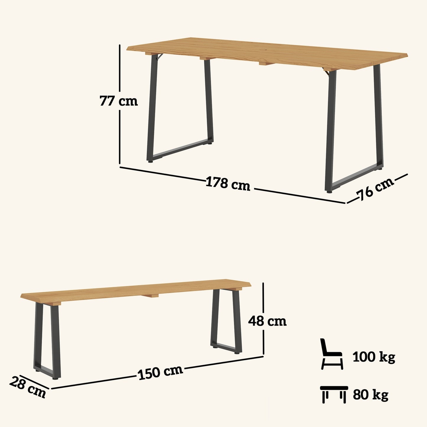 Wooden dining room set for 6 with table, benches and umbrella hole