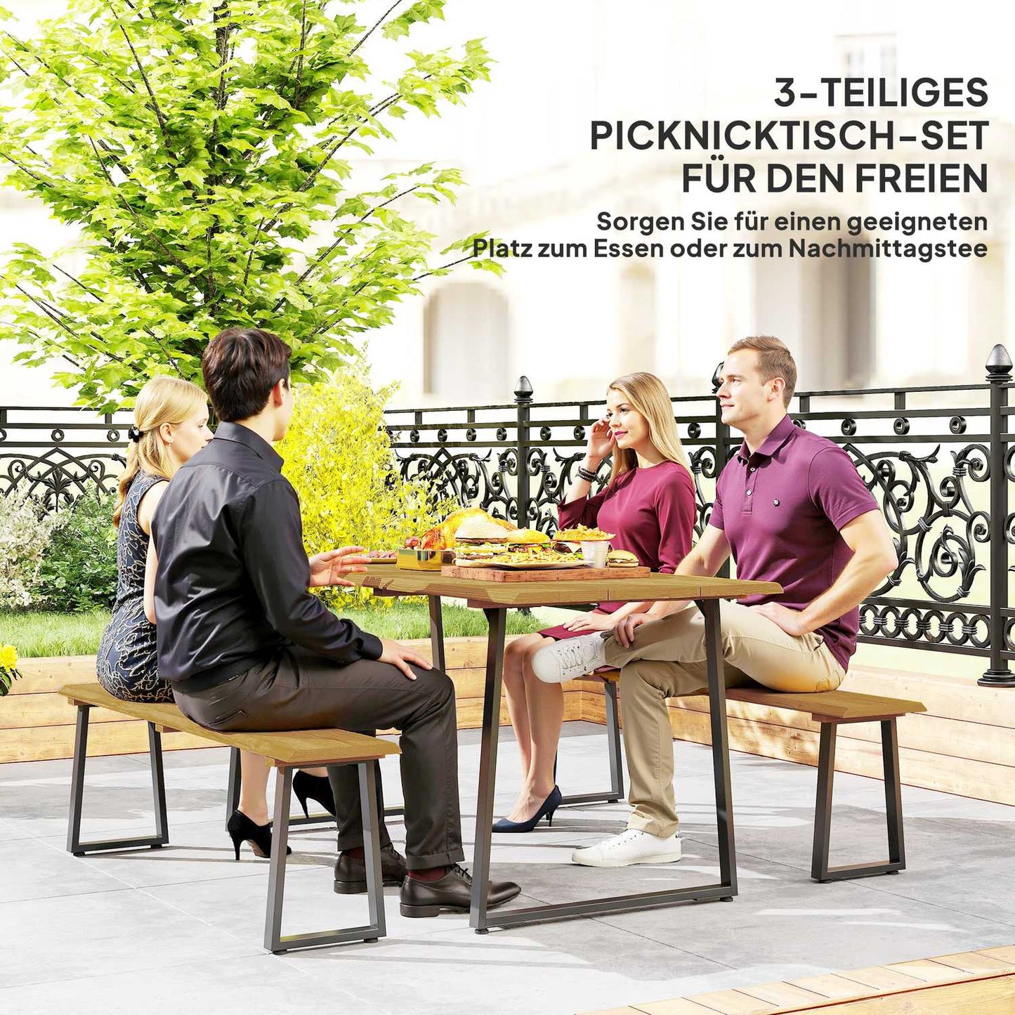 Wooden dining room set for 6 with table, benches and umbrella hole