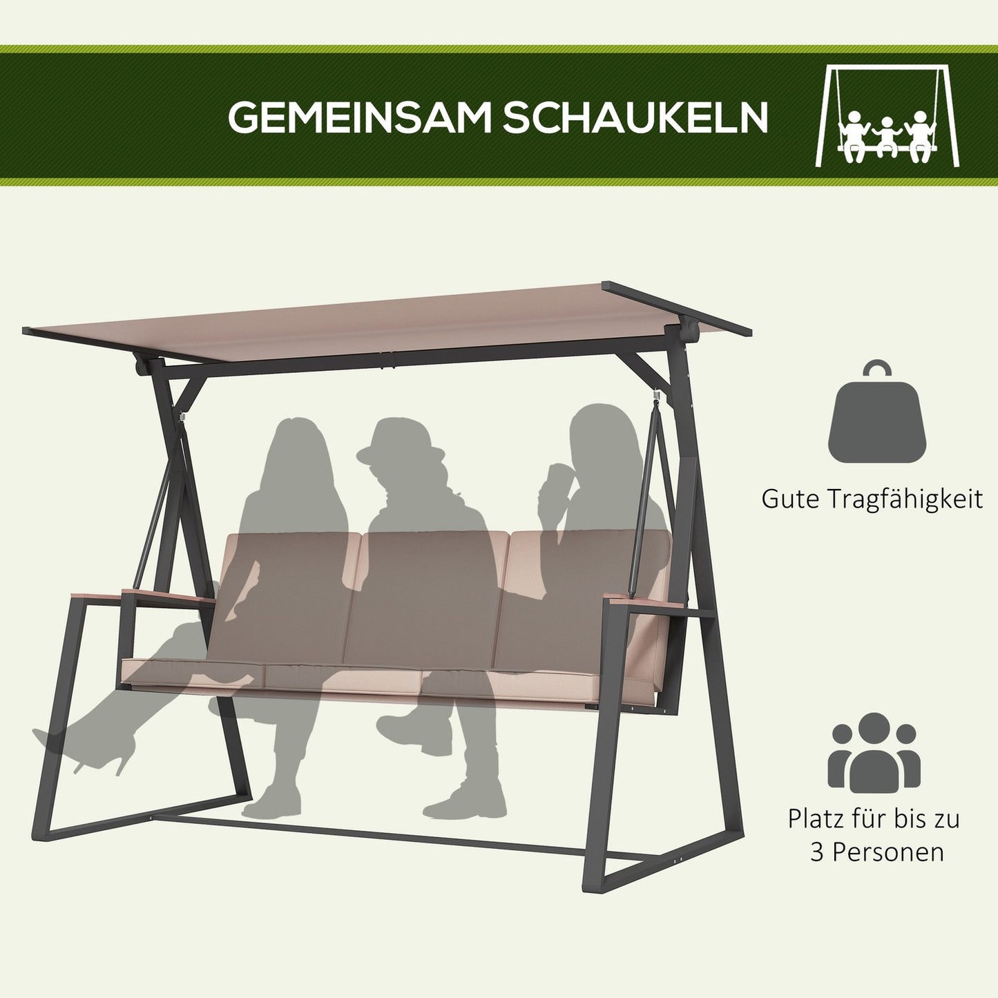 3-seater Khaki swing bench with cushions and roof, 300 kg