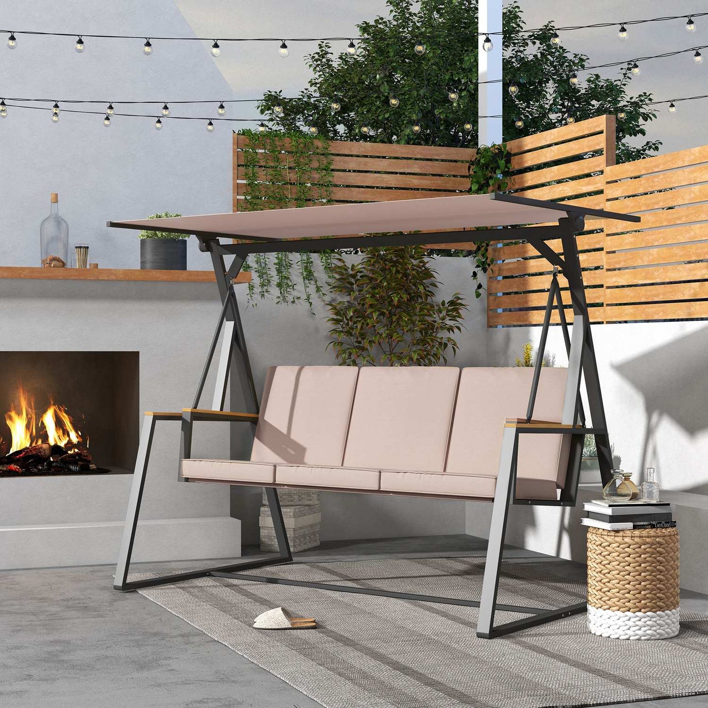 3-seater Khaki swing bench with cushions and roof, 300 kg