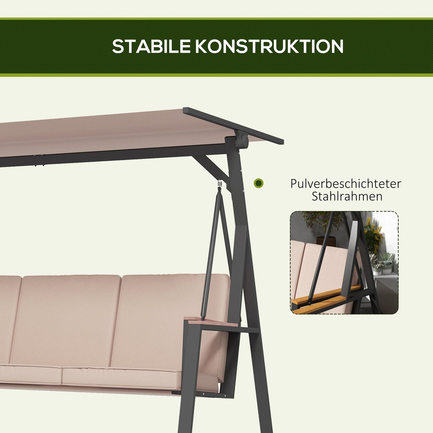 3-seater Khaki swing bench with cushions and roof, 300 kg