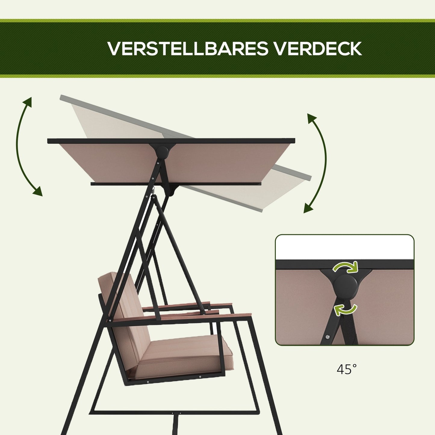 3-seater Khaki swing bench with cushions and roof, 300 kg