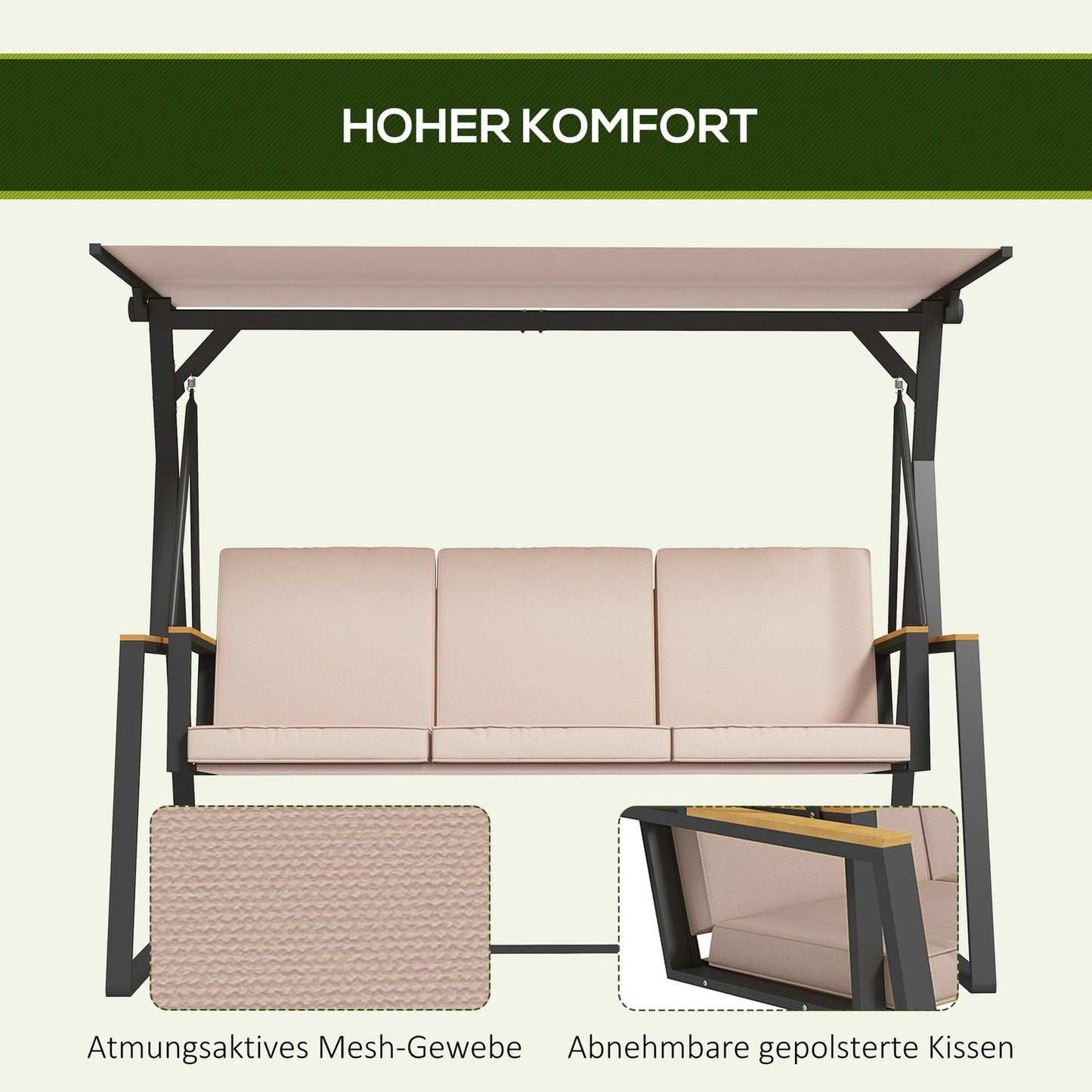 3-seater Khaki swing bench with cushions and roof, 300 kg