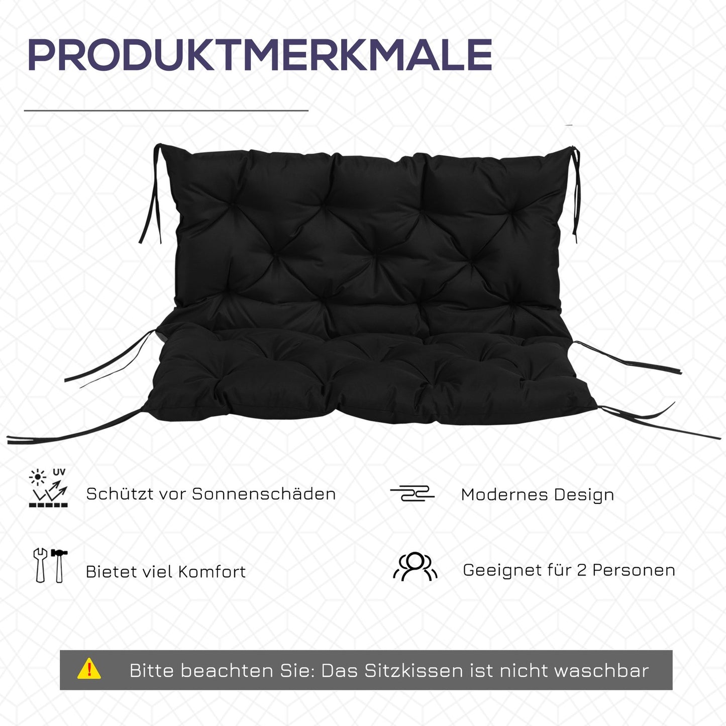 Black 3-seat bench cushion with straps - 100x98x8 cm